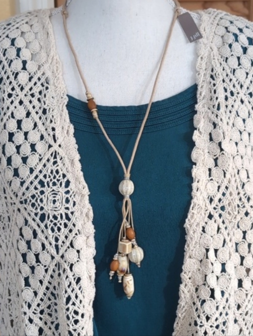 J. JILL Boho Cream & Brown Glazed Pottery Beaded Tassel Necklace Adjustable NWT